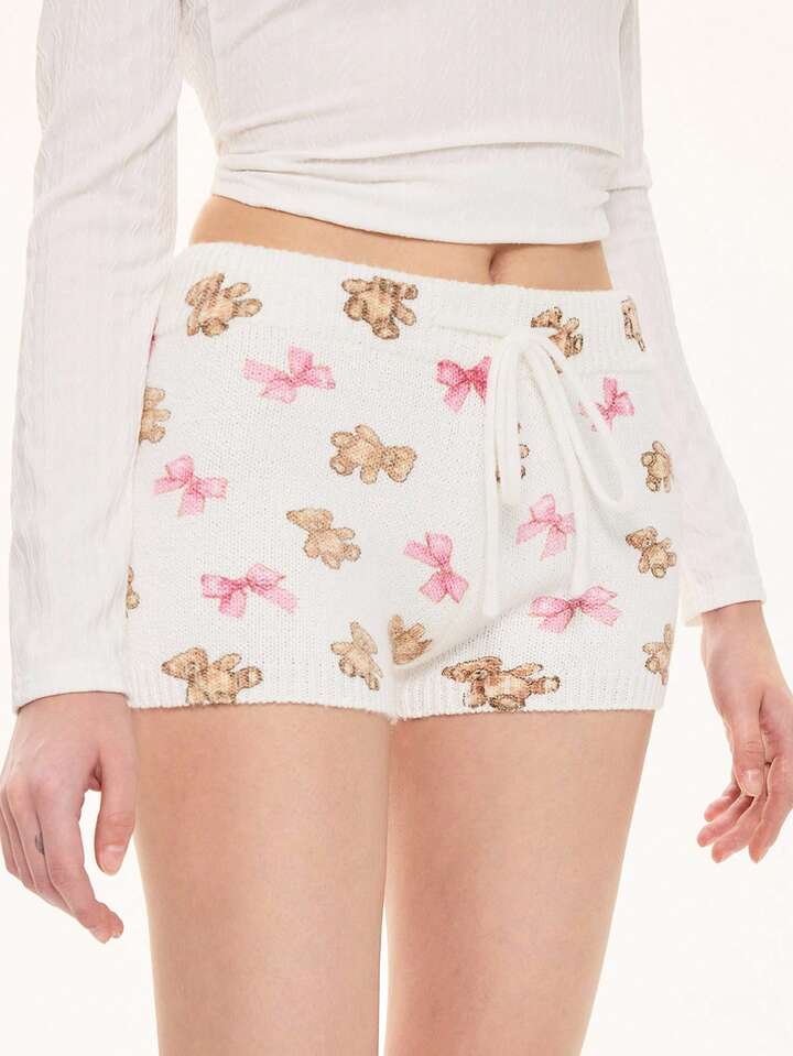 Kawaii Cute Bear & Bow Drawstring Elastic Waist Knitted Women's Low-Rise Shorts 6 Kawaii Cute Bear & Bow Drawstring Elastic Waist Knitted Women's Low-Rise Shorts