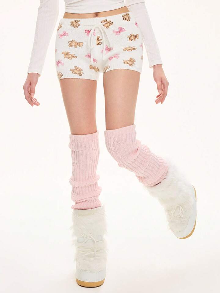 Kawaii Cute Bear & Bow Drawstring Elastic Waist Knitted Women's Low-Rise Shorts 7 Kawaii Cute Bear & Bow Drawstring Elastic Waist Knitted Women's Low-Rise Shorts