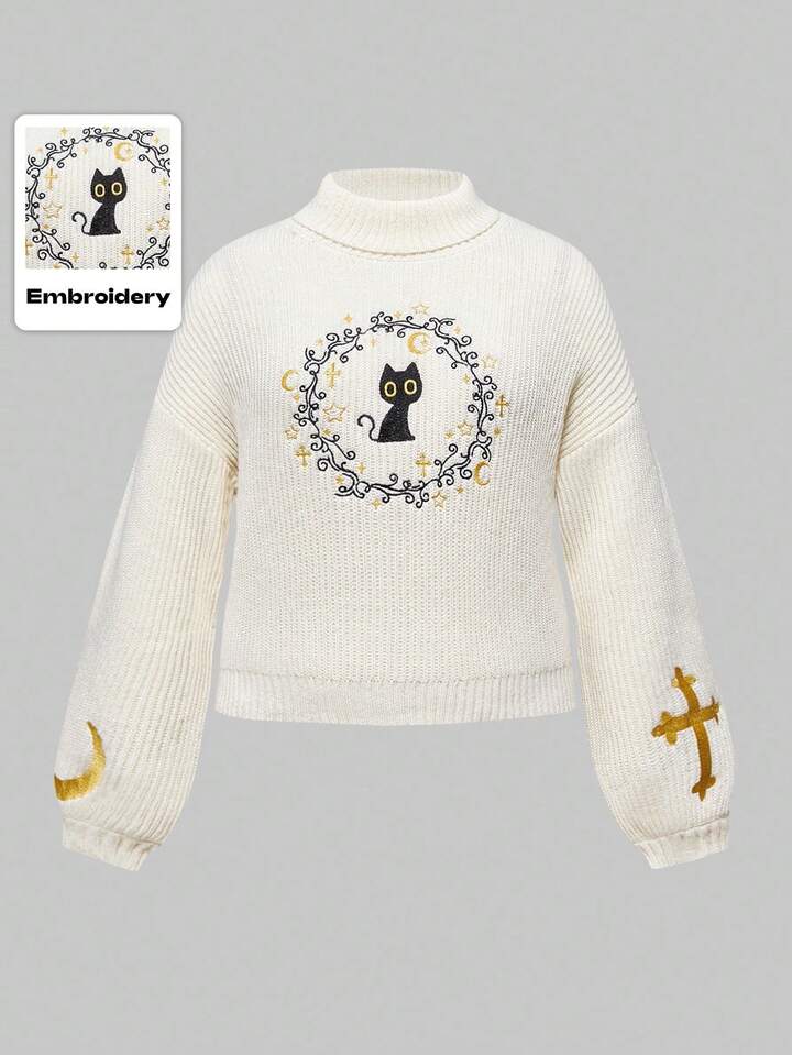 Fairycore Plus Size Women Autumn/Winter Cat & Moon Embroidery Drop Shoulder Half-Turtleneck Sweater, Halloween Long Sleeve Pullover Sweater