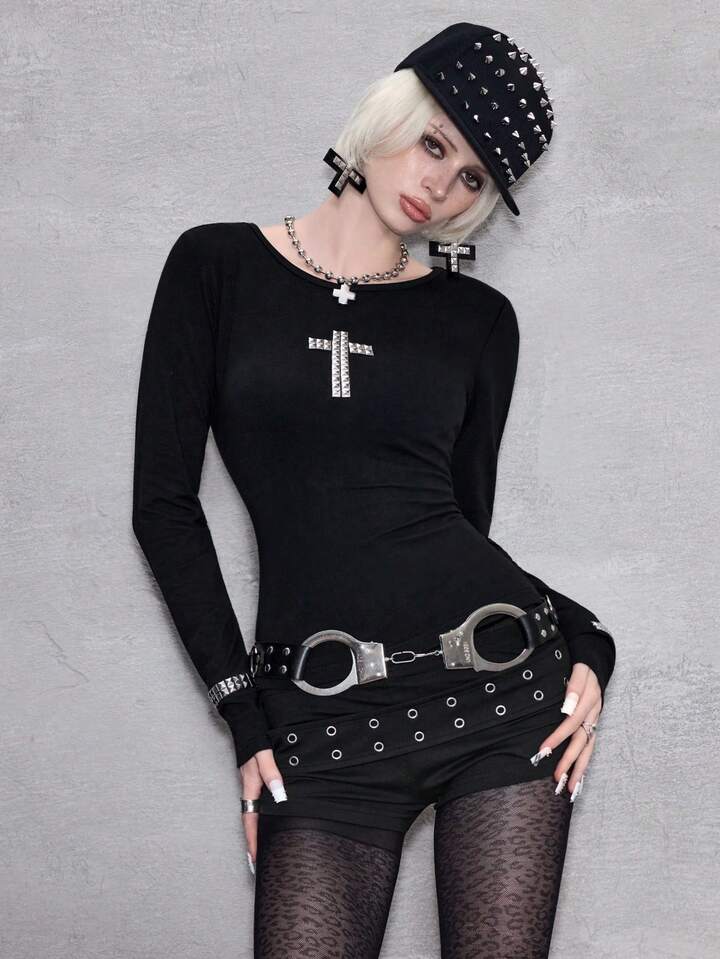 ROMWE Avant Y2K Punk Cross Rivet Design Fitted Long Sleeve Solid Color Versatile Women Kpop T-Shirt 4 ROMWE Avant Y2K Punk Cross Rivet Design Fitted Long Sleeve Solid Color Versatile Women Kpop T-Shirt
