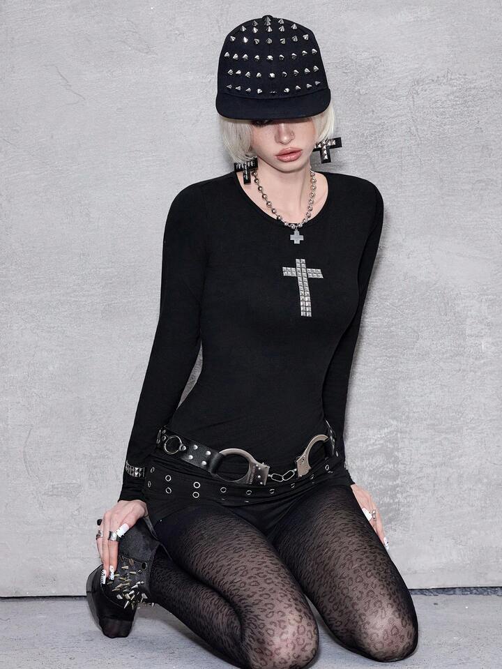 ROMWE Avant Y2K Punk Cross Rivet Design Fitted Long Sleeve Solid Color Versatile Women Kpop T-Shirt 7 ROMWE Avant Y2K Punk Cross Rivet Design Fitted Long Sleeve Solid Color Versatile Women Kpop T-Shirt