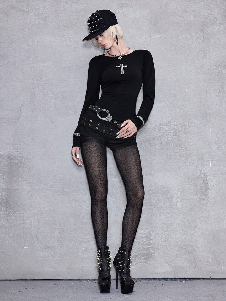 ROMWE Avant Y2K Punk Cross Rivet Design Fitted Long Sleeve Solid Color Versatile Women Kpop T-Shirt 8 ROMWE Avant Y2K Punk Cross Rivet Design Fitted Long Sleeve Solid Color Versatile Women Kpop T-Shirt