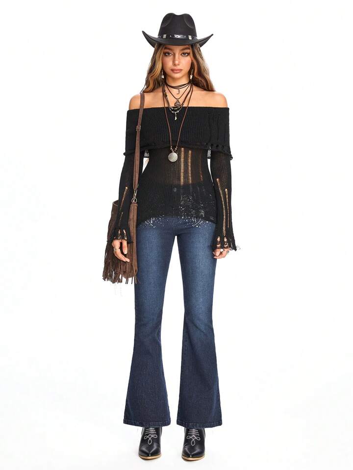 Fairycore Women's Off-The-Shoulder Plain Distressed Fashion Sweater