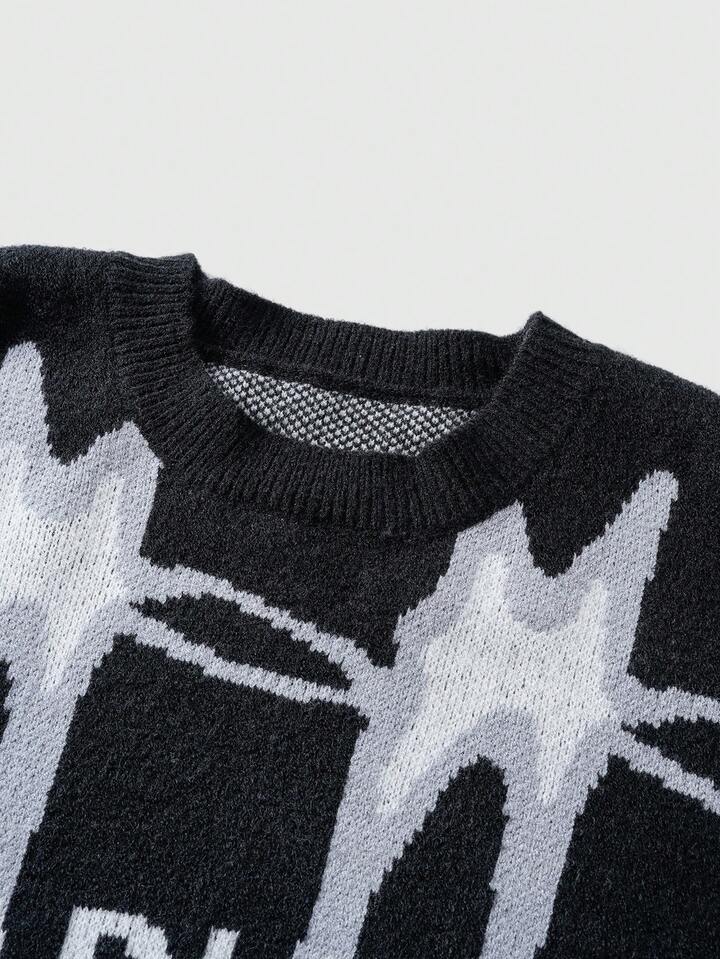 Street Life Men's Letter Jacquard Crew Neck Long Sleeve Casual Sweater, Autumn/Winter