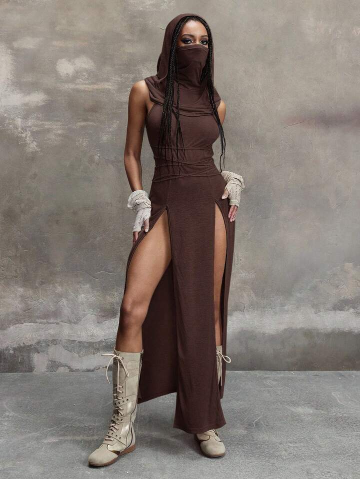 Grunge Punk Y2K Millennium Retro Apocalyptic Hooded Plunging Neckline High Slit Dress