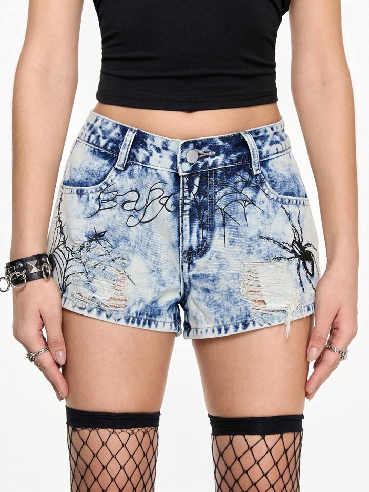 Grunge Punk Punk Retro Sexy Spider Web Low Waist Denim Shorts For Women,Summer Outfits For Women