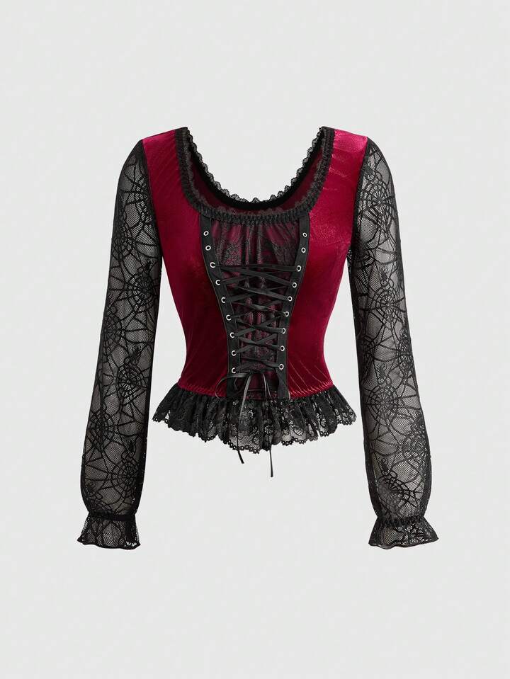 Gothic Sexy Spider Web Mesh & Velvet Patchwork Cropped Tight Top
