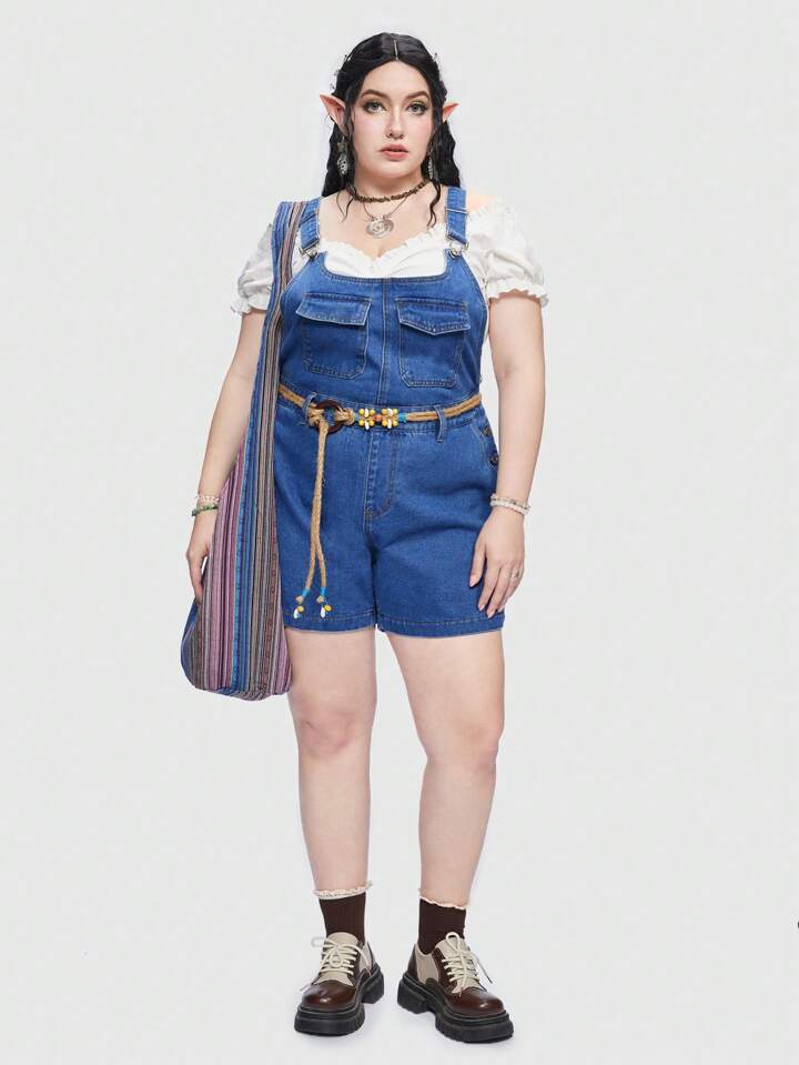 Plus Flap Pocket Front Denim Overalls Without Belt, School