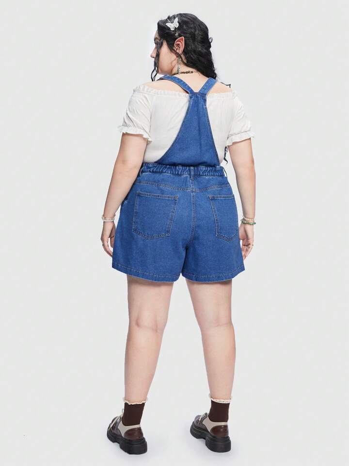 Plus Flap Pocket Front Denim Overalls Without Belt, School