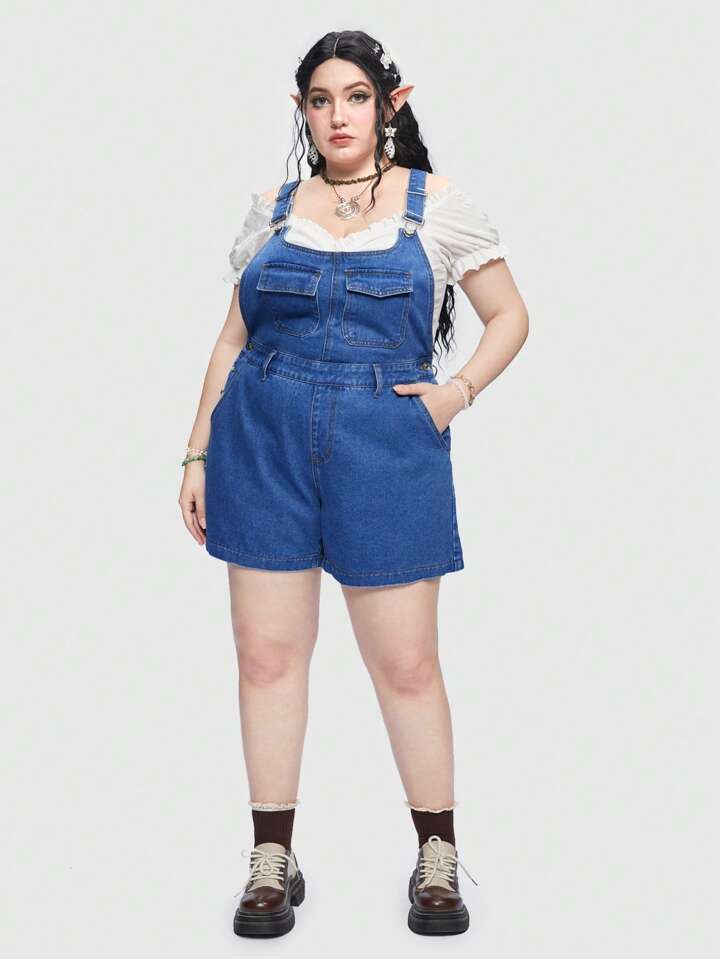 Plus Flap Pocket Front Denim Overalls Without Belt, School
