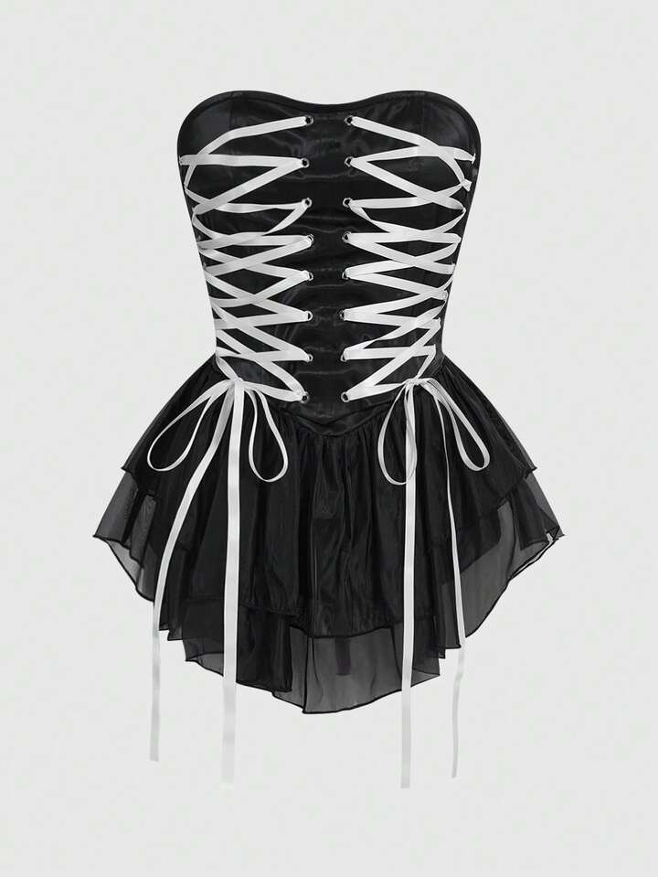 Sweetness Women's Corset Lace-Up Design Ruffled Hem Fashionable Mini Dress, For Valentine's Day
