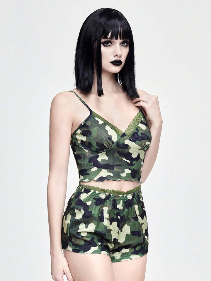 Retro American Street Life Camouflage & Lace Patchwork Camisole Pajama Set