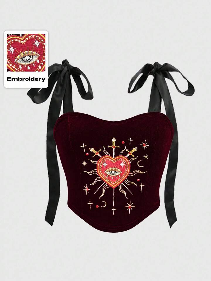 Gothic Palace Style Women's Heart Embroidery, Rhinestone, Crystal Teardrop, Star Decor Black Halter Crop Top
