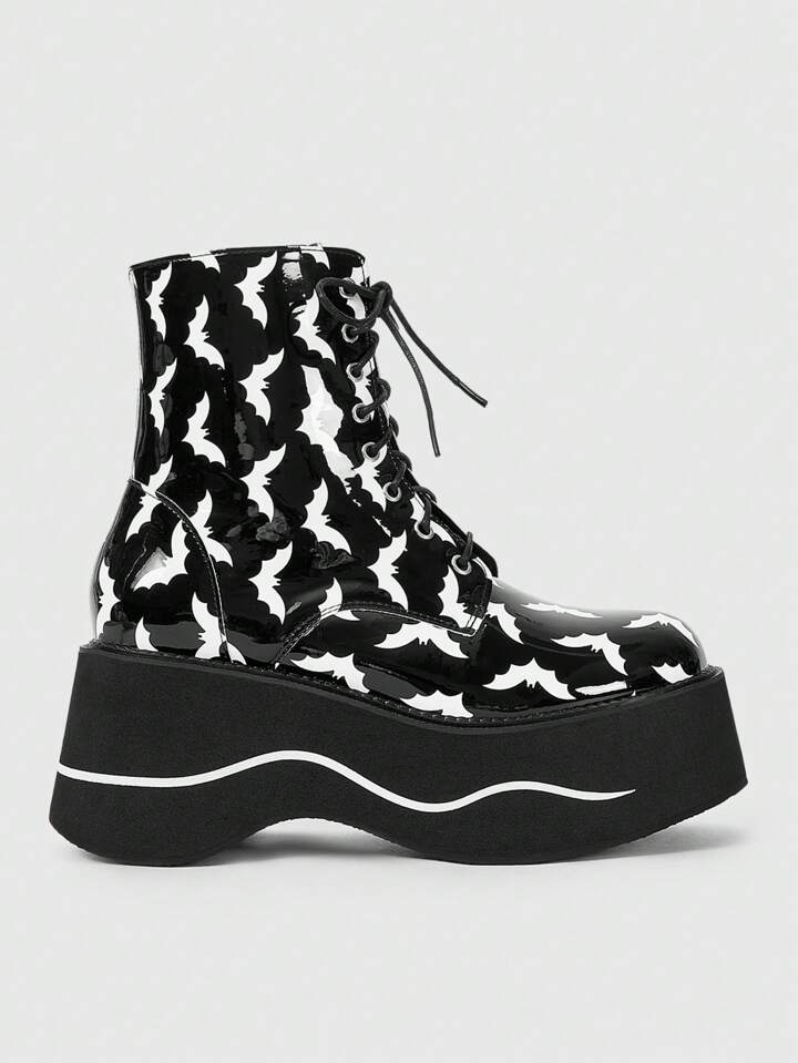 Women Platform Bat Graphic Boots, Punk Goth Style Lace-Up Ankle Boots, Fashion Zipper Thick Heel Y2K Boots For Autumn, Halloween
