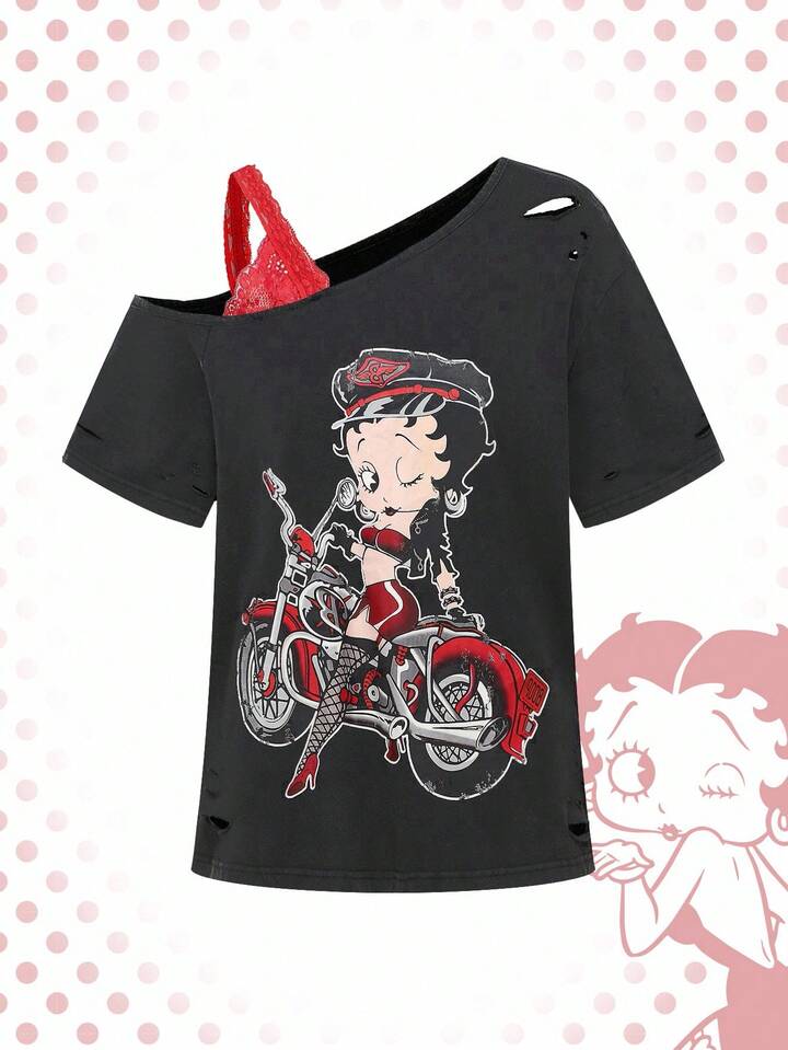 Betty Boop | ROMWE Women's Casual Street Chic Cartoon Figure Graphic Contrast Lace Asymmetrical Neck Distressed T-Shirt, Summer