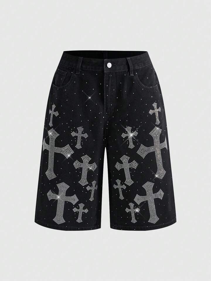 J-Fashion Y2K Streetwear Studded Cross Denim Capri Pants