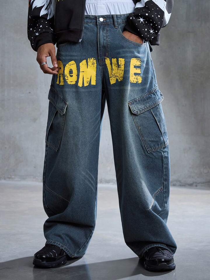 Street Life Men's Blue Letter Print Cargo Pants
