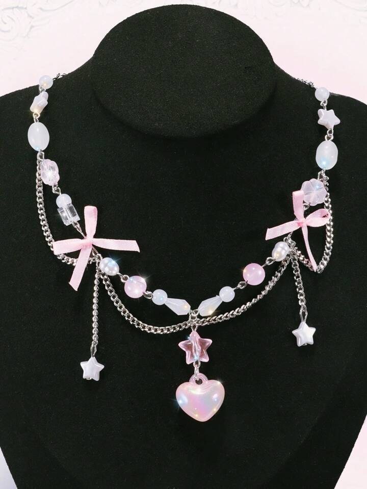 Kawaii 1pc Cute Heart & Five-Pointed Star & Bowknot Pendant Necklace Valentines,Mom,Mother,Mother's Day,Gift