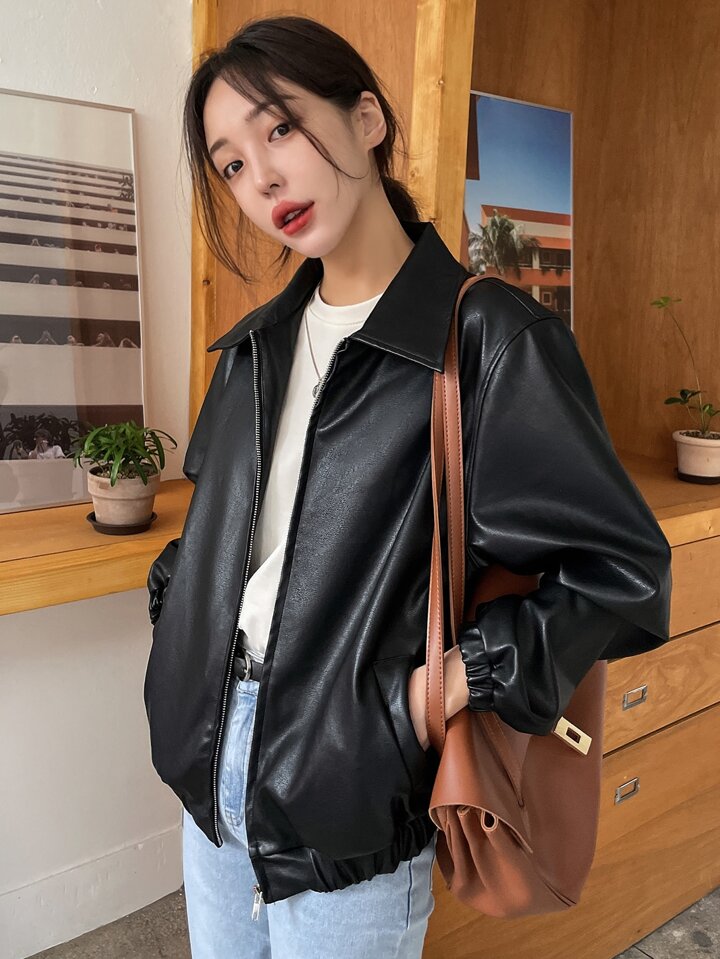 Slant Pockets PU Leather Jacket,Fall Women Clothes