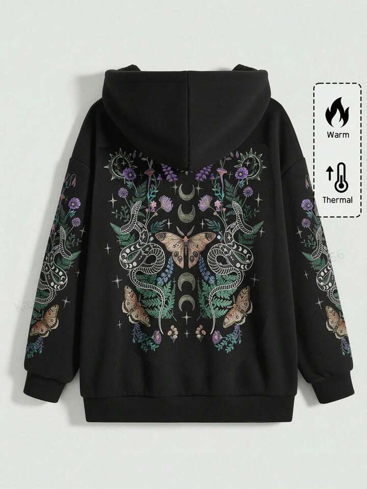 Gothic Y2K Style Bindweed, Butterfly, Coiled Snake, Thorn Tree Print Zip-Up Sweatshirt Jacket, Plus Size Women Black Sweatshirt Coat For Autumn/Winter