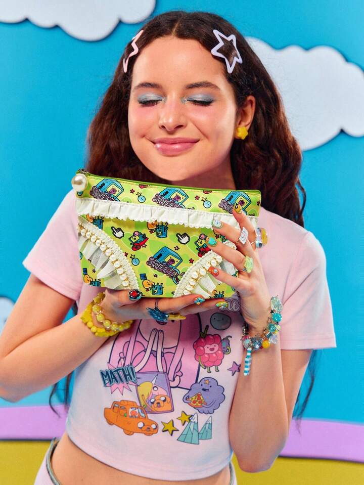 Adventure Time X ROMWE White Cartoon Print Makeup Bag, Compact & Portable Cosmetic Storage Pouch