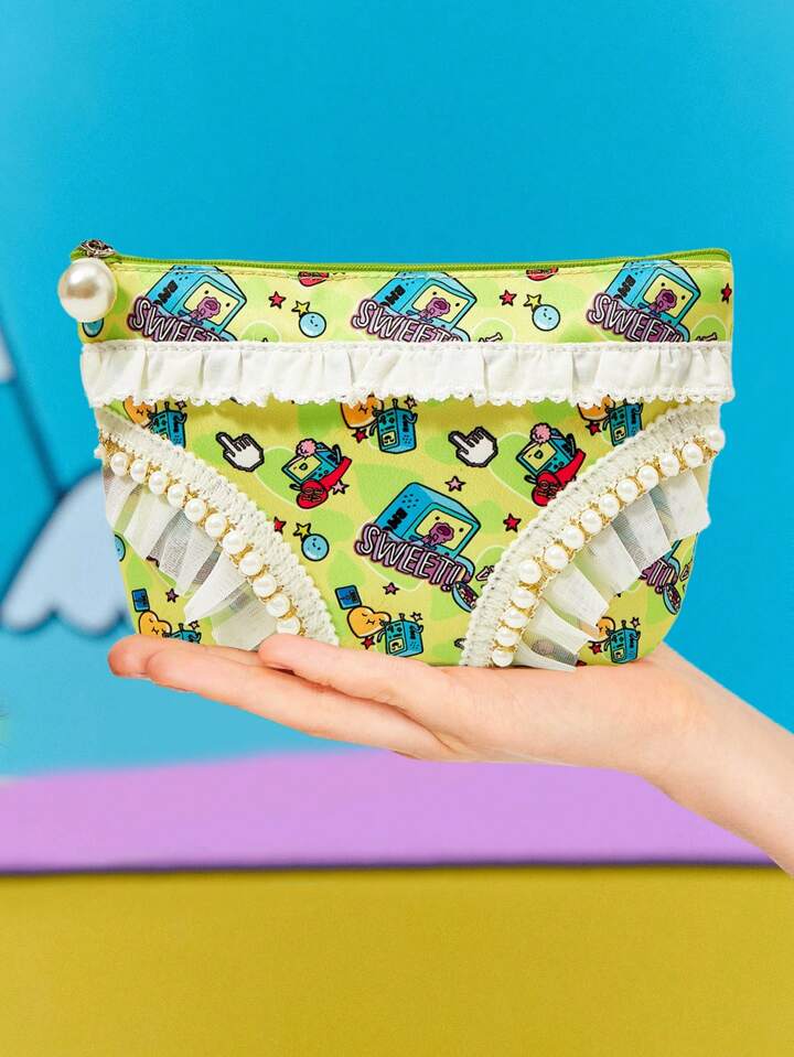 Adventure Time X ROMWE White Cartoon Print Makeup Bag, Compact & Portable Cosmetic Storage Pouch