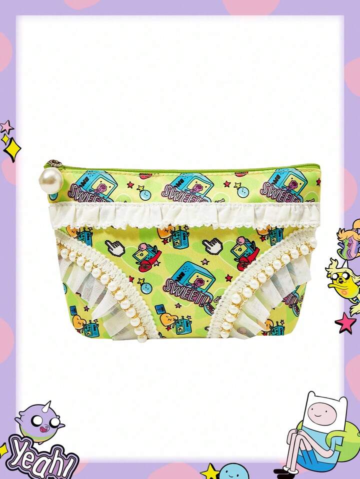 Adventure Time X ROMWE White Cartoon Print Makeup Bag, Compact & Portable Cosmetic Storage Pouch