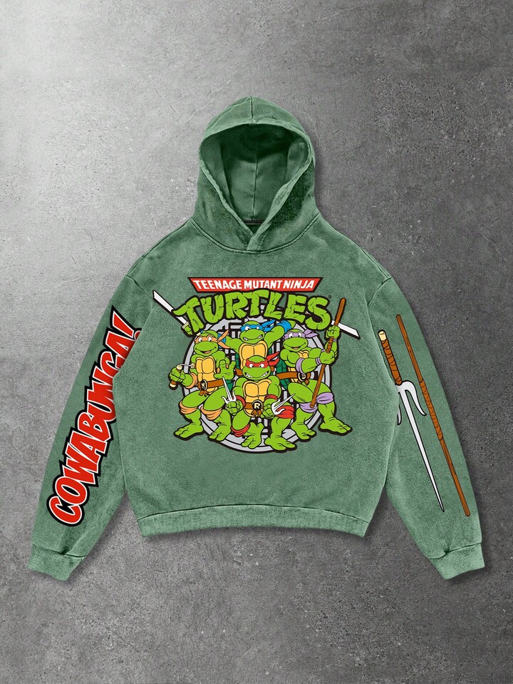 TEENAGE MUTANT NINJA TURTLES X ROMWE Men's Cartoon Pattern Green Washed Hoodie Sweatshirt, Long Sleeve Top