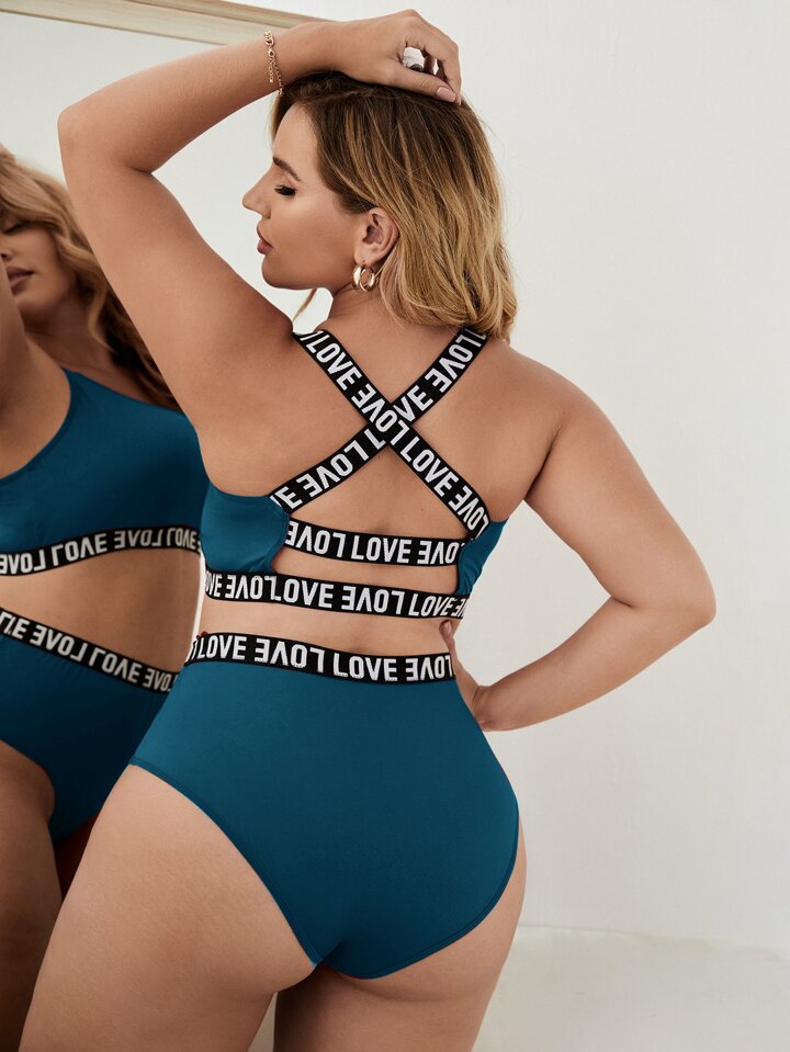 Plus Letter Tape Bra & Panty Lingerie Set Sports