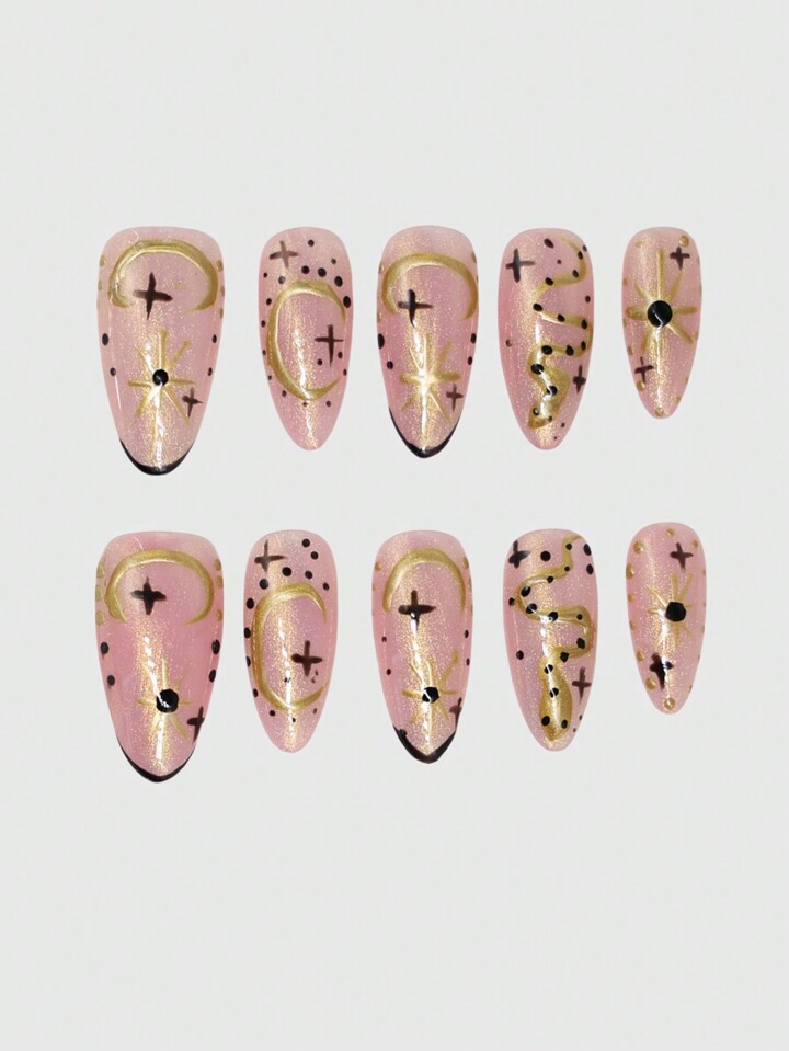 Fairycore 10pcs Luxury Handmade Fake Nails + 3pcs Double-Sided Adhesive, Removable Sun & Moon Nail Art Stickers, High-Quality Shiny Colored Nail Decals Suitable For Holidays, Parties, Dancing And Daily Wear