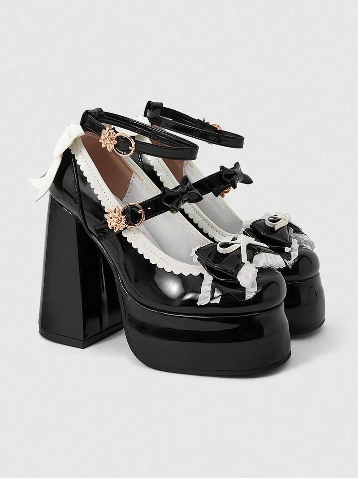 Kawaii Black High Heel Shoes Closed Toe Strap Mary Jane Pumps With Platform, Lolita Gothic Style Bow Decor Sweet JK Inspired Women Platform Heels For Christmas