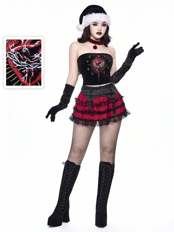 Christmas Gothic Elegant Palace Heart Arrow Cross Star Moon Embroidered Velvet Women Tube Top