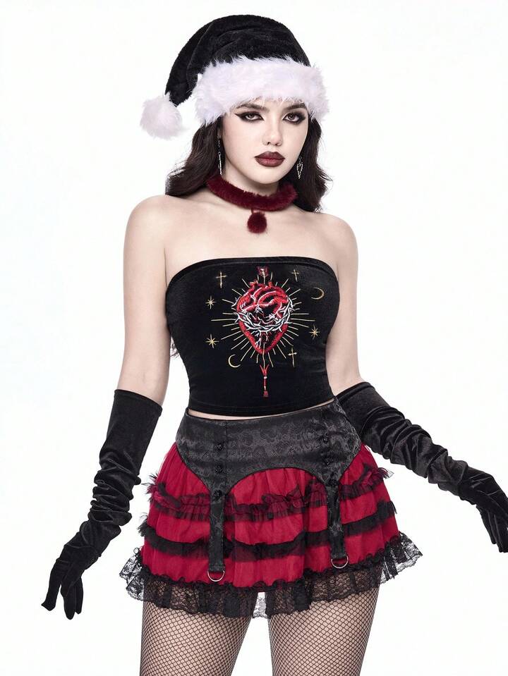 Christmas Gothic Elegant Palace Heart Arrow Cross Star Moon Embroidered Velvet Women Tube Top 5 Christmas Gothic Elegant Palace Heart Arrow Cross Star Moon Embroidered Velvet Women Tube Top