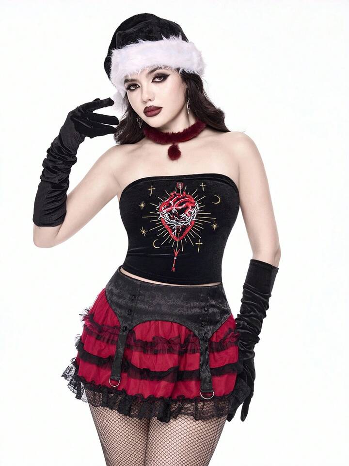 Christmas Gothic Elegant Palace Heart Arrow Cross Star Moon Embroidered Velvet Women Tube Top 6 Christmas Gothic Elegant Palace Heart Arrow Cross Star Moon Embroidered Velvet Women Tube Top