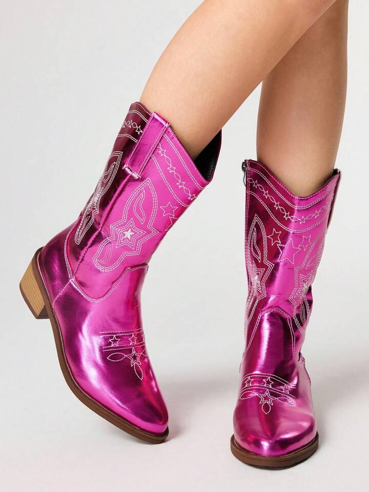 Fairycore 2025 New Fashion Embroidery Sequin Patchwork Women Round Toe Mid-Calf Boots V-Cut Long Shaft Riding Boots Chunky Heel Slim Versatile PU Tall Boots For Women