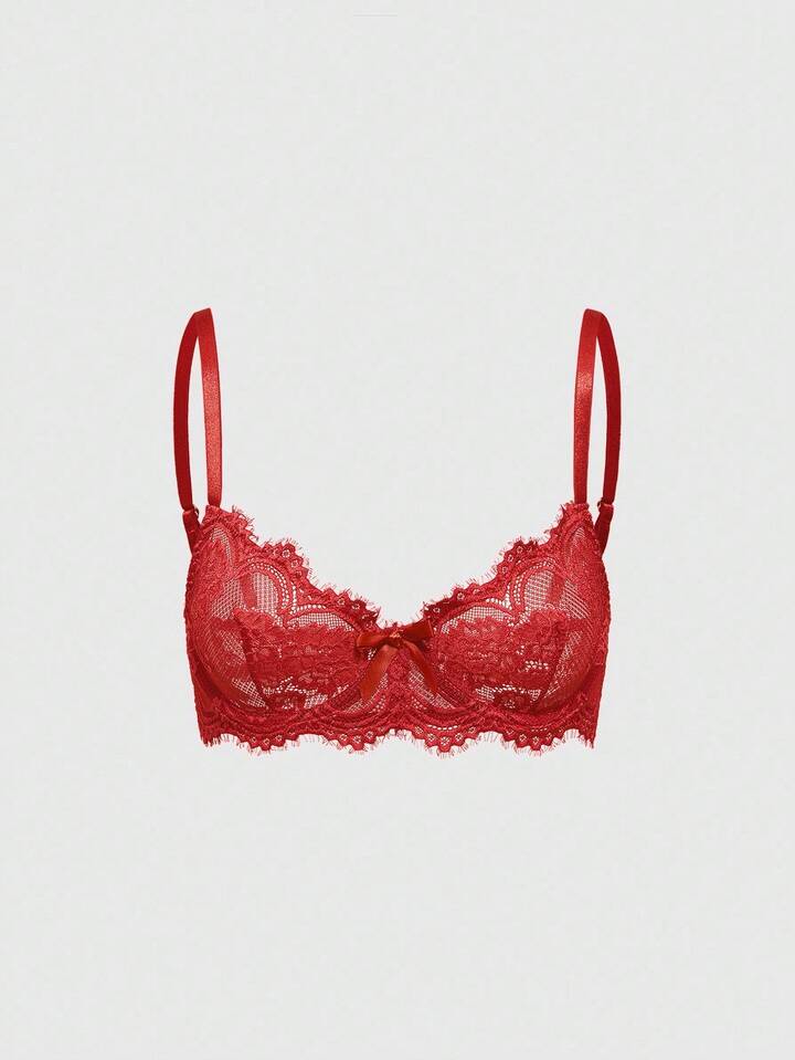 Goth Bow Decor Lace Underwire Triangle Cup Bra, For Valentine's Day