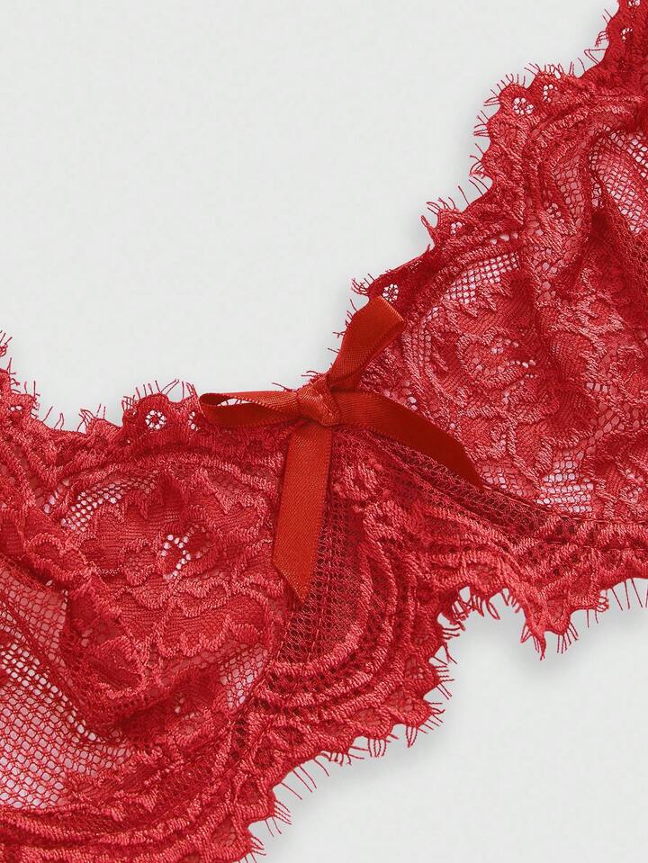 Plus Size Gothic Floral Lace Underwire Triangle Cup Bra, For Valentine's Day 3 Goth Bow Decor Lace Underwire Triangle Cup Bra, For Valentine's Day