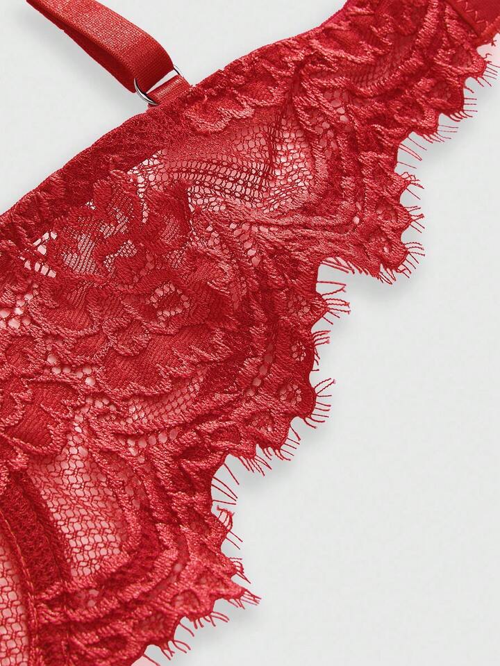 Plus Size Gothic Floral Lace Underwire Triangle Cup Bra, For Valentine's Day 4 Goth Bow Decor Lace Underwire Triangle Cup Bra, For Valentine's Day