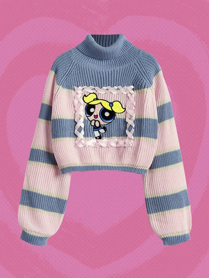 The Powerpuff Girls | ROMWE Embroidery Cartoon Pattern Raglan Sleeve Sweater