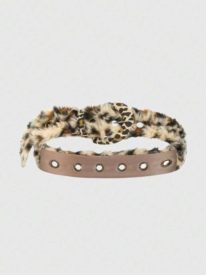 Goth 1pc Khaki Y2K Babe Faux Fur Leopard Texture Belt, Fashion Versatile Minimalist Wild Style Waist Belt For Women, Suitable For Party, Date, Travel, Halloween, Christmas