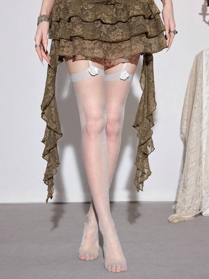 Kawaii 1 Pair Goth Glam Silver Pearl Lace Trim Over-The-Knee Thigh High Stockings With Luminous Floral Decor