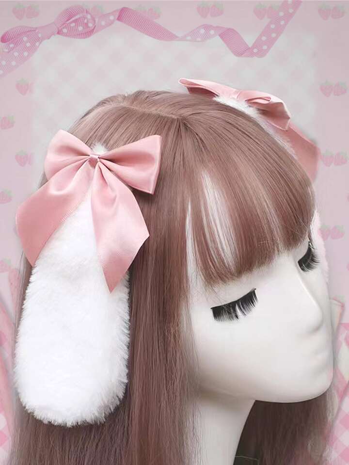 2pcs Rabbit Ear & Bow Decor Hair Clip Valentines