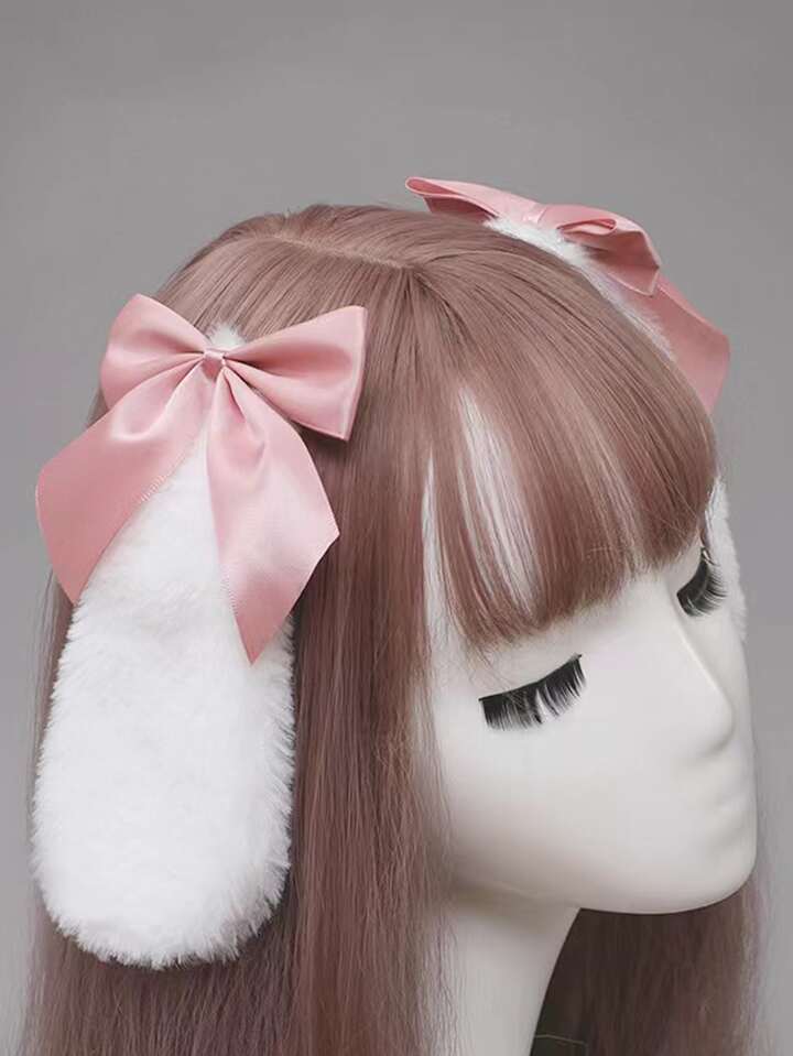 2pcs Rabbit Ear & Bow Decor Hair Clip Valentines