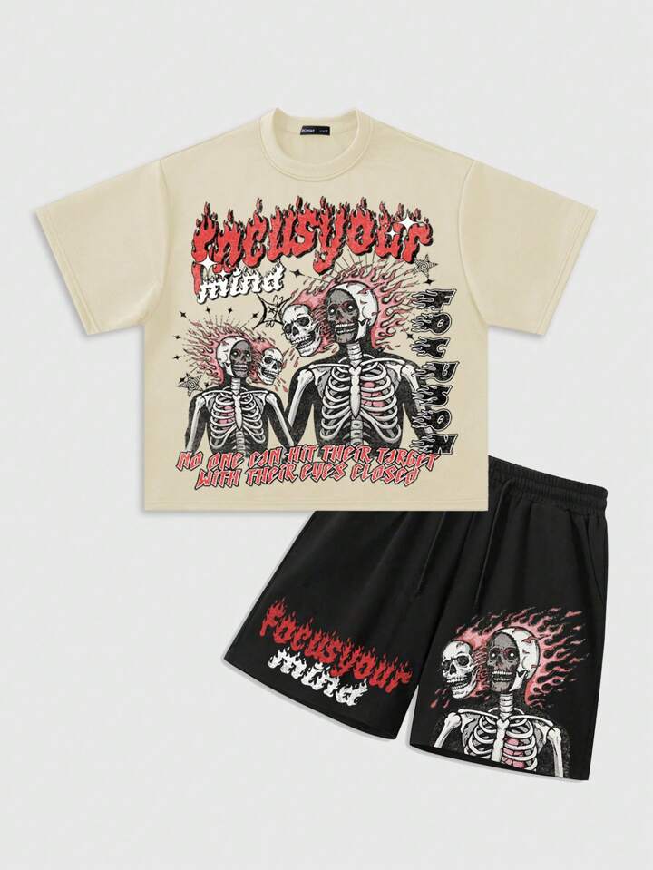 Street Life Men Slogan & Skull Print Crew Neck Short Sleeve Casual T-Shirt And Drawstring Waist Shorts Set