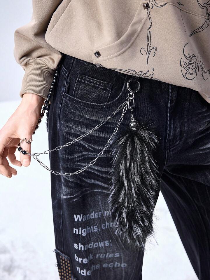 1pc Y2K Chic Delicate Punk Goth Style Handmade Beaded Silver CCB Black Resin Hollow Double Layer Chain Black & White Ombre Furry Wolf/Fox Tail Cartoon Tail DIY Pant Chain, Waist Chain, Bag Charm, Suitable For Women, Daily Wear, Holiday Gift
