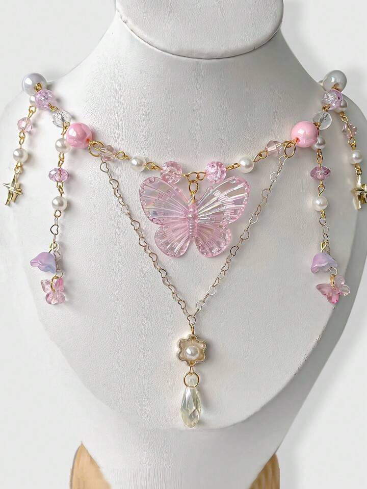 Fairycore 1pc Style Pink Butterfly & Lily Flower Pendant Necklace Valentines,Mom,Mother,Mother's Day,Gift
