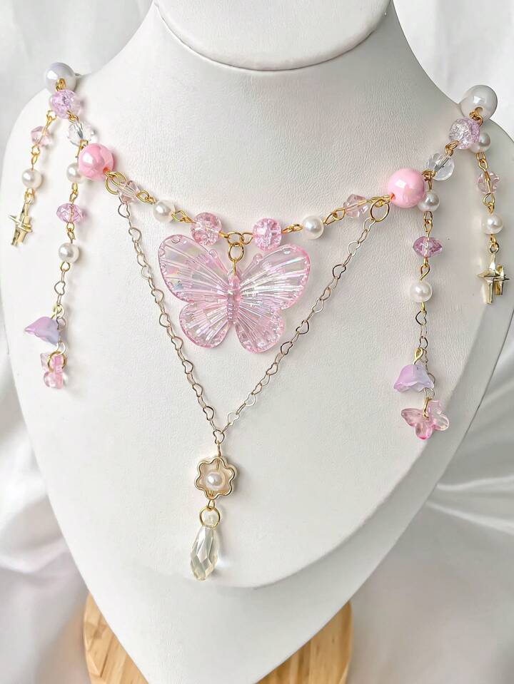Fairycore 1pc Style Pink Butterfly & Lily Flower Pendant Necklace Valentines,Mom,Mother,Mother's Day,Gift
