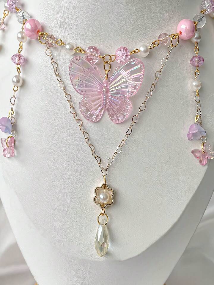 Fairycore 1pc Style Pink Butterfly & Lily Flower Pendant Necklace Valentines,Mom,Mother,Mother's Day,Gift