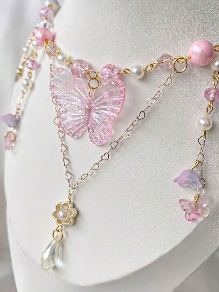 Fairycore 1pc Style Pink Butterfly & Lily Flower Pendant Necklace Valentines,Mom,Mother,Mother's Day,Gift 4 Fairycore 1pc Style Pink Butterfly & Lily Flower Pendant Necklace Valentines,Mom,Mother,Mother's Day,Gift