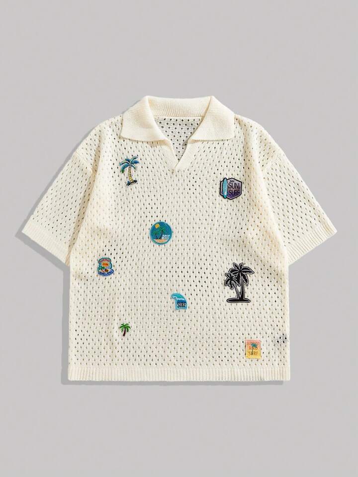 Casual Men's Embroidery Patch Loose Vacation Knit Short Sleeve Top